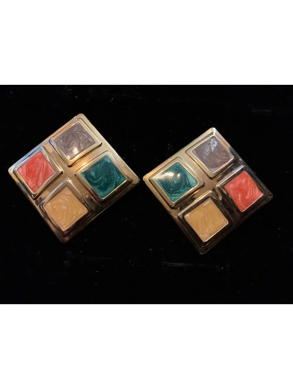 Vintage 1980s Retro Color Block Geometric Square Enamel Post Earrings Gold Tone